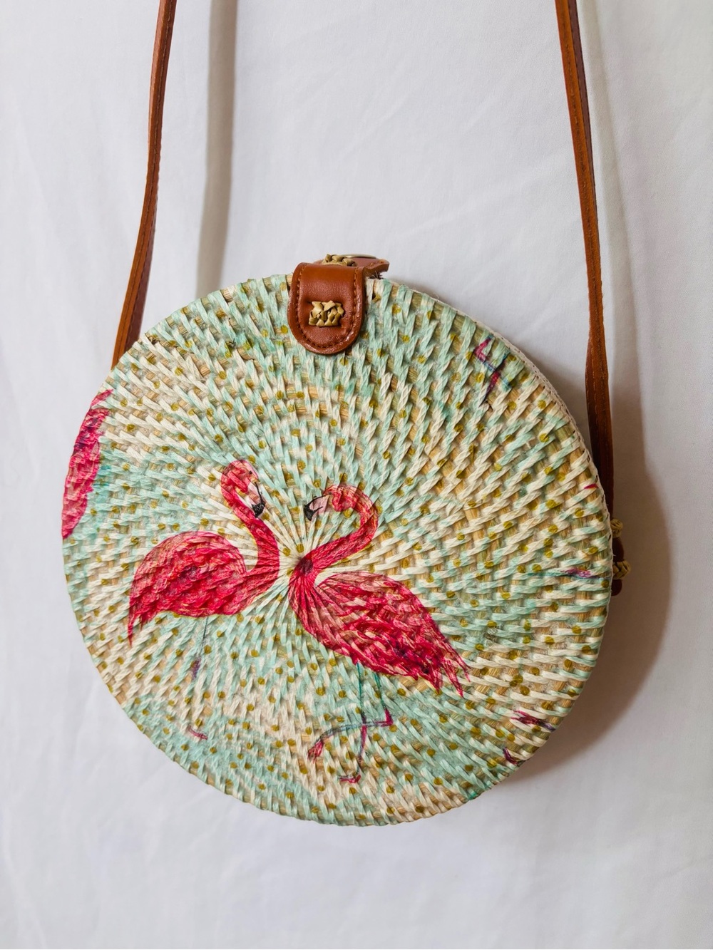 Round Straw Crossbody Flamingo Purse Tropical Resort Vacation Bag - Picture 8 of 8